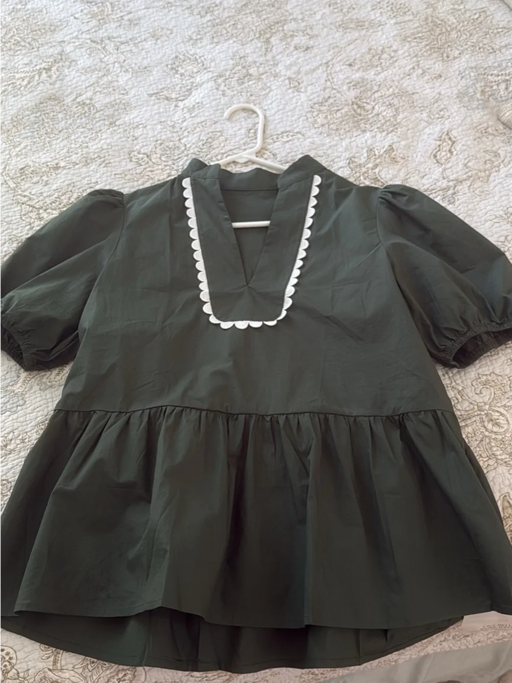 Girls' Forest Green Peplum Top with White Scallop Trim